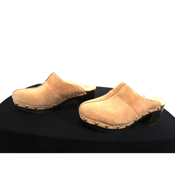 EUC! Ugg Kassi Chestnut Brown Suede Shearling Lined Med. Heel Mule/Clogs Women 8 - Picture 3 of 10